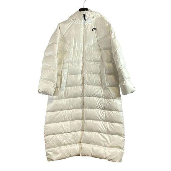 Nike Therma-FIT Long White Duck Down Puffer Coat Women’s Sz 1X Hooded Full Zip - Picture 2 of 8